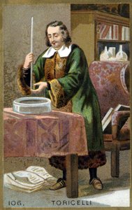 Evangelista Torricelli vagy Toricelli (1608 - 1647) olasz fizikus portréja a Barométer (higanycső) találmányával. századi kromolitográfiája. alkotó: Unknown artist
