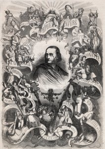 Jacques Offenbach (1819-1880), francia zeneszerző és a Theatre des Bouffes Parisiens igazgatójának portréja műveinek szereplőivel körülvéve – Metszet a „Le Monde Illustré”-ben” alkotó: Unknown artist