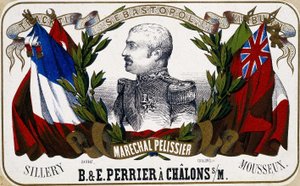 Maréchal Pelissier portréja „”B. & E. Perrier à Chalôns sur Marne” pezsgőcímkén”, sd. 19. század. alkotó: Unknown artist