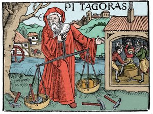Pythagoras (Pythagoras) portréja – Koswick 1516-os „” Compendiara musica” című oldala – alkotó: Unknown artist