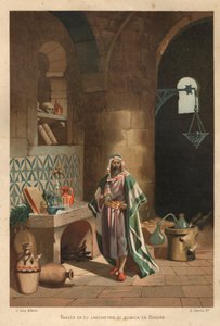 Rhases (Rhazes, Razi, Al-Razi, Razis vagy Rases) (840-923) perzsa tudós portréja bagdadi laboratóriumában. Barcelona 1881 alkotó: Unknown artist