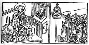 Svédországi Szent Brigitte (1103 - 1373) portréja. A Voragine-i Jacobus (James) (1228-1298) metszete a „Leben der Heiligen - sommerteil”-ből (A szent könyve). Lübeck 1488. alkotó: Unknown artist