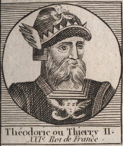 II. Thierry (587-613) portréja, az ausztráliai és burgundi frankok királya 595-től 613-ig – II. THIERRY (Theuderic vagy Theuderich, Theoderic vagy Theodoric II) Burgundia és Ausztrália királya – metszet az „Instruction sur l