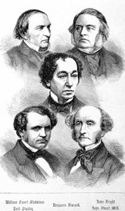 William Ewart Gladstone, John Bright, Lord Stanley, John Stuart Mill és Benjamin Disraeli portréja – a The Contemporains című filmben. század vége. alkotó: Unknown artist