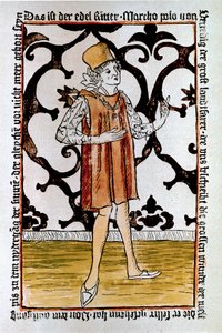 Marco Polo (1254-1324) velencei felfedező portréja Az Il Milione: A csodák könyve első kiadásának előképe ("A világ pénzneme") Nürnberg alkotó: Unknown artist