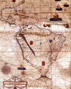 Dél-Amerikát képviselő portulán, amely Bartolomeo Velhiohoz tartozik. 1561. alkotó: Unknown artist