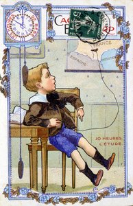 Képeslap, amely egy gyermek napjának lefolyását mutatja. 10:00-kor a gyerek az iskolában van. alkotó: Unknown artist