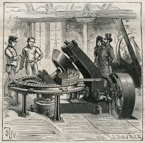 Fazekasság: Fleury gép tégla mechanikus fröccsöntésére. Metszet 1885-ből Adolphe BITARD „” Les arts et metiers illustres” című könyvébe. alkotó: Unknown artist