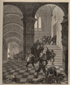 Fazekasság: a „Henri II” gyár lerombolása Oiron (Deux Sevres) kastélyának 1568-ban történt kifosztása során a Liga idején. Metszet 1885-ből Adolphe BITARD „” Les arts et metiers illustres” című könyvébe. alkotó: Unknown artist