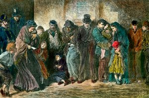Szegénység Londonban egy menhely ajtajában Szegény és éhező családok sorakoznak fel egy otthon előtt. Metszet 1869-ből. Magángyűjtemény alkotó: Unknown artist