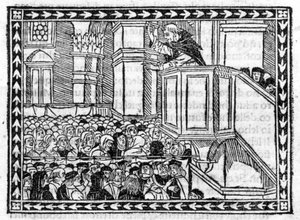 G. Savonarola (Jerome Savonarola) prédikációja (1452 - 1498) - a „” Compendium of Revelatione” című kötetben, 1496. április 23-i inkunabulum. alkotó: Unknown artist