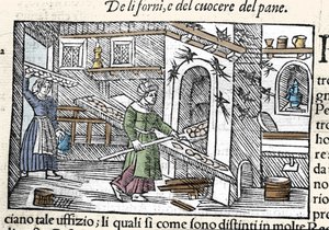 Kenyér elkészítése és sütése kemencében. Olaus Magnus (1490-1557) svéd vallás- és földrajztudós metszete, „Historia de Gentis Septentrionalibus”, Velence alkotó: Unknown artist