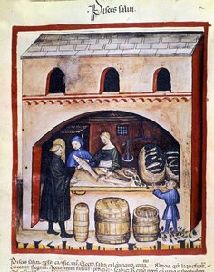 Piszkos halak előkészítése. Megvilágítás az orvostudomány és a dietetika fejéséből "" Tacuinum sanitatis"" alkotó: Unknown artist