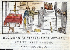 Fém előkészítése olvasztáshoz - a Biringuccio „Pirotechnia”-ban alkotó: Unknown artist