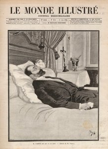 Sadi Carnot (1837-1894) köztársasági elnököt halálos ágyán, szakszervezeti és anarchista agitáció keretében június 24-én a lyoni kiállításon meggyilkolta Sante Caserio (1873-1894), majd később. Metszet „Le monde illustrious”” f alkotó: Unknown artist