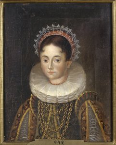 Princesse Elisabeth de Suede, Mecklembourg Gadebusch hercegnő hitvese – Erzsébet svéd hercegnő (1549-1597), mecklenburgi hercegnő portréja, Anonymous. Olajfestmény. Mérete: 28x22 cm. Nemzeti Múzeum Stockholm alkotó: Unknown artist
