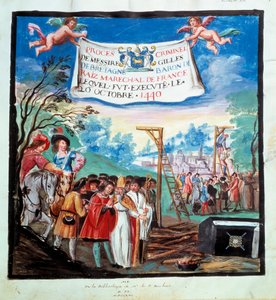 Gilles de Rais (Retz ou Rays) (1404-1440) folyamata: "" A kivégzés, gibet és mészáros""" Gyilkosság és eretnekség miatt kivégzik. 15. századi miniatűr. Paris, B.N. alkotó: Unknown artist
