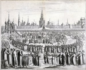 Húsvéti virágmenet a Szent Megváltó kapuja és a Kreml előtt Moszkvában. századi metszet. alkotó: Unknown artist