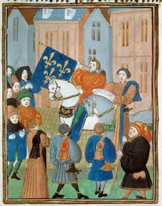 A béke kikiáltása Reimsben 1435. október 2-án, miután VII. Károly király és III. Jó Fülöp burgundiai herceg aláírta az Arras-i szerződést, amely véget vetett az armagnácok és a burgundok közötti polgárháborúnak. Miniatűr a "" Kings and quee-ból alkotó: Unknown artist