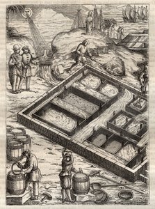 Só előállítása tengervíz sótartókban történő elpárologtatásával. Georgius Agricola (Georg Bauer) „” De re metallica”-ból. (Basel 1556) - Sótermelés: a nagy tálakba öntött tengervíz elpárolog és sóraktárt hagy el. Metszet a „De re metallica”-ból, G alkotó: Unknown artist