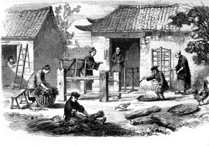 Selyemgyártás Kínában és a gyártás különböző szakaszai. alkotó: Unknown artist