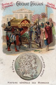 I. Ptolemeus (Kr. e. 360-283) Soter (megváltó) eltemette Nagy Sándort. Az érmék általános történetében. Csokoládé-csikó kromolitográfiája a 19. század végén. Magángyűjtemény. alkotó: Unknown artist