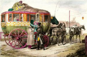 Tömegközlekedés: a Parisienne Diligence-be belépő utasok. századi magángyűjtemény metszete alkotó: Unknown artist