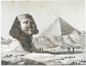Gízai piramisok: kilátás a Szfinxre és a Nagy Piramisra, délkelet felől - „Egyiptom leírása” című részben, Imperial Editions alkotó: Unknown artist