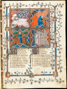 ""Négy különböző tevékenységekkel elfoglalt férfi"" megvilágított oldal Guillaume de Lorris (1200-1238 körül) és Jean de Meun (Meung) (1240-1305) "Le Roman de la Rose"" kéziratából 1353 körül Svájcban, Genfi Könyvtár alkotó: Unknown artist