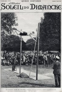 francia versenyklub. Sheldon, Franciaország bajnoka 2,95 m-t ugrik a la Perche-re. Metszet a „Le sun-du-dimanche”-ban, július 2 alkotó: Unknown artist