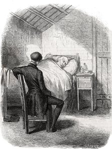 Rastignac egyedül maradt az öreg mellett, az ágy lábánál ülve... Metszet 19. század közepe. Illusztráció Honore de Balzac (1799-1850) „The Father Goriot”-hoz. alkotó: Unknown artist