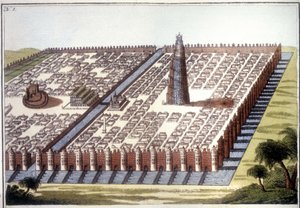 Babilon ősi városának rekonstruált képe, a bekerítéssel, a függőkertekkel és a zikkuráttal. alkotó: Unknown artist