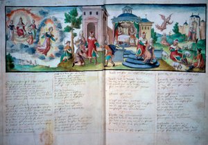 Vallási Színház: „Szenvedély és feltámadás”” Valenciennes-ben játszották 1547-ben. Kéziratos oldal akvarellel, Paris, B.N. alkotó: Unknown artist