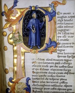 Dante Alighieri (1265 - 1321) költő lettrinája, miniatűr 14. század. alkotó: Unknown artist