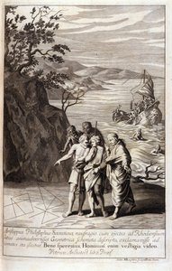 A cirénei Arisztiposz (Kr. e. 435-356) ábrázolása, Szókratész görög filozófus tanítványa, a Rodosz partjára sodort hajótörés után geometrikus nyomokat fedez fel a homokon. Metszet Eukleidész „Elemek” című művének XV. könyvéből. 1591 alkotó: Unknown artist