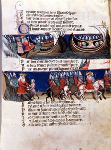 Nagy Károly (742-814) ábrázolása hódításai során: felhajózik egy hajón, lefelé pedig seregeit irányítja. Miniatűr az „Entreée d