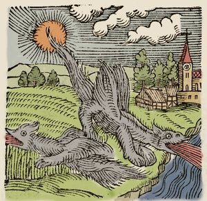Bazilikák ábrázolása röptében égő búzaföldeken. Metszet Conrad Lycosthenes (1518-1561) „Prodigiorum ac ostentorum chronicon”-ból. 1557. alkotó: Unknown artist