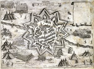 Nicosia ostromának ábrázolása Ciprus szigetén 1191-ben a 3. keresztes hadjárat során Richard Lion Heart által. 16. század. alkotó: Unknown artist