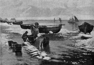 A bretagne-i Belle Isle-nél (Belle-Isle) sztrájkoló halászok visszatérése. Metszet a „” Le Journal de la jeunesse”-be alkotó: Unknown artist