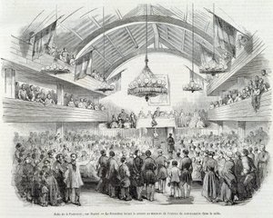 1848-as forradalom: Brotherhood Hall, Rue Martel, az elnök elnapolta az ülést a biztos bejáratánál a teremben alkotó: Unknown artist