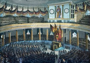 1848-1849-es forradalmak: Német Nemzetgyűlés a Frankfurt am Main-i Szent Pál-templomban - színes fametszet