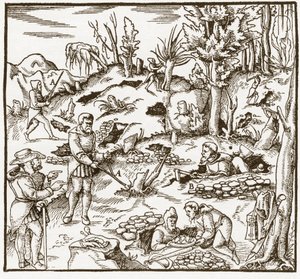 Rhabdomancia – rhabdomancie – Bányamező feltárása a jósló pálcával – A férfiak jósbotot vágnak és használnak ásványok felkutatására – Georgius Agricola (Georg Bauer) „De re metallica” című könyvéből, Basel alkotó: Unknown artist