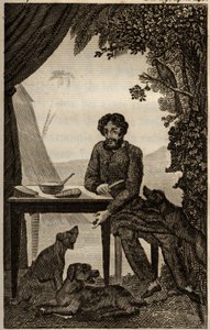 Robinson Crusoe kutyái arra várnak, hogy bedobjon néhány darabot enni, a gravírozás bekerült Daniel Defoe „Les aventures de Robinson Crusoe” (1660-1731), librairie d