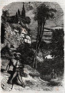 Rodomont, Izabella és az Öreg Remete – 1851-es metszet a „Dühös Roland” (Orlando furioso) című művéből (16. század), Ludovico Ariostotól, Ariosto néven ismert – Tressan gróf olasz nyelvről fordított kiadása, Gustave Harvard 1851. alkotó: Unknown artist