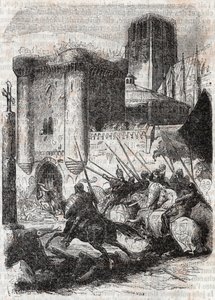 Rodomont betöri a párizsi Palais ajtaját – 1851-es metszet Ludovico Ariosto „” Roland furieux”-tól” (Orlando furioso) (16. század), Arioste néven ismert – Tressan gróf olasz nyelvről fordított kiadása, Gustave kiadása Harv alkotó: Unknown artist