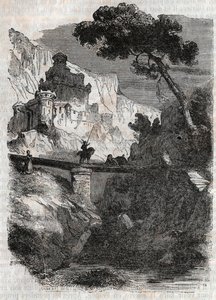 Rodomont legyőzte Bradamante – 1851-es metszet a „Dühös Roland”-ból” (Orlando furioso) (16. század), Ludovico Ariostotól, Ariosto néven ismert – Tressan gróf olasz nyelvről fordított kiadása, Gustave Harvard 1851. alkotó: Unknown artist