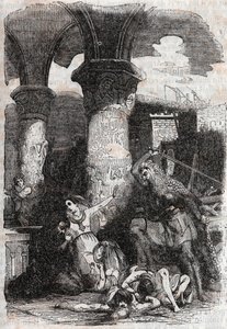 Rodomont mészárlás les habitatnts de Paris - 1851-es metszet a „” Roland furieux”-tól” (Orlando furioso) (16. század), Ludovico Ariostotól, Arioste néven ismert – Tressan gróf olasz nyelvről fordított kiadása, Gustave Harvard kiadása 185 alkotó: Unknown artist