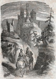 Roger (Ruggero, Ruggiero) és Richardet meglátja az aigremonti kastélyt – Ludovico Ariosto (16. század) metszet 1851-ből „” Roland furieux”-tól” (Orlando furioso), az Ariosta néven ismert – A kiadás olasz nyelvről fordította Tressan grófja és publik alkotó: Unknown artist