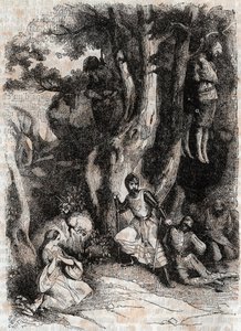Roland és és a barlang hét brigádja – 1851-es metszet Ludovico Ariosto „Dühös Roland” (Orlando furioso) című művéből (16. század), Ariosta néven ismert – Tressan gróf olasz nyelvről fordított kiadása, Gustave kiadása Harvard alkotó: Unknown artist