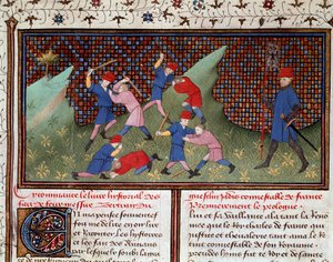 Roman, Ogier, a dán: harc kézzel és miniatűr bottal a „Bertrand du Guesclin krónikájából” (Ms 490) 1405 Musee Conde, Chantilly alkotó: Unknown artist